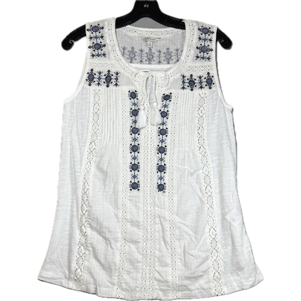 Lucky Brand Tank Top Women Small White Embroidered Boho Tassel Sleeveless Boho